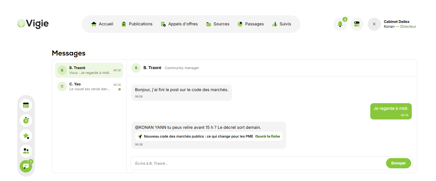 Les messages, dans Vigie (données inventées)